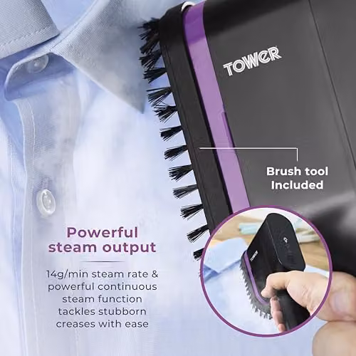 Tower Ceraglide Handheld Garment Steamer with Ceramic Soleplate and Brush Attachment, 1400W, Black, Petrol and Purple – 4