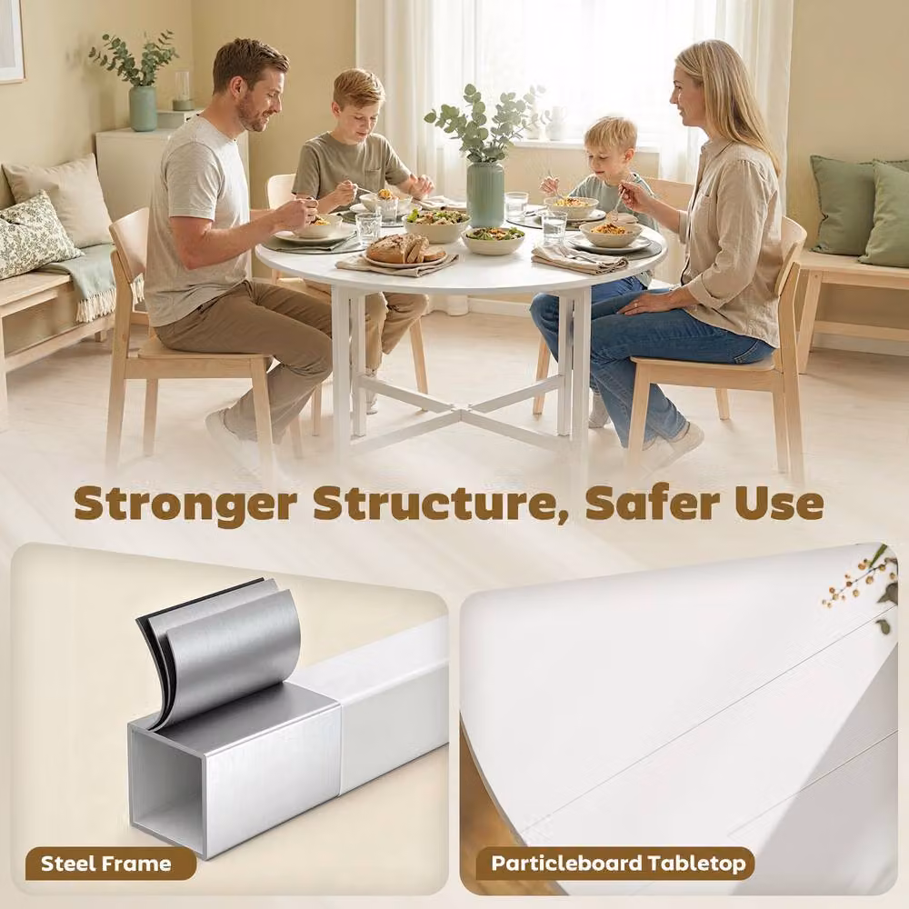 STILVORA White Round Folding Dining Table with Matt MDF Laminate Finish – 3