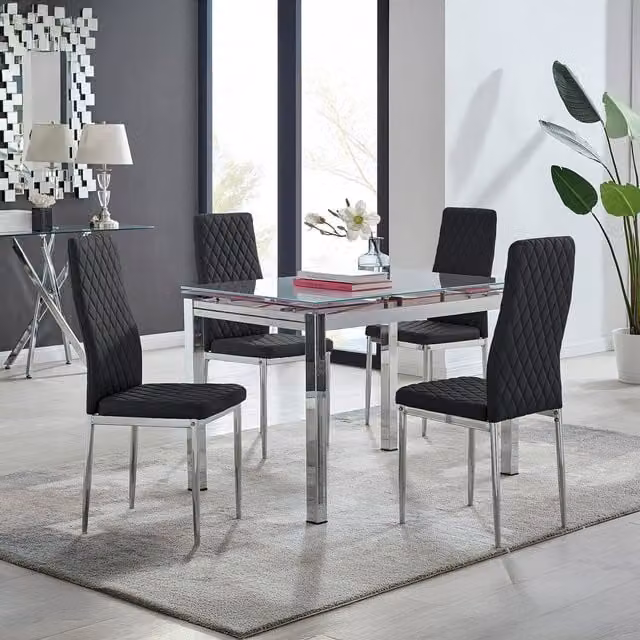 FurnitureboxUK Enna White Glossy Glass Extending Modern Kitchen Dining Table and 4 Black Milan Chairs