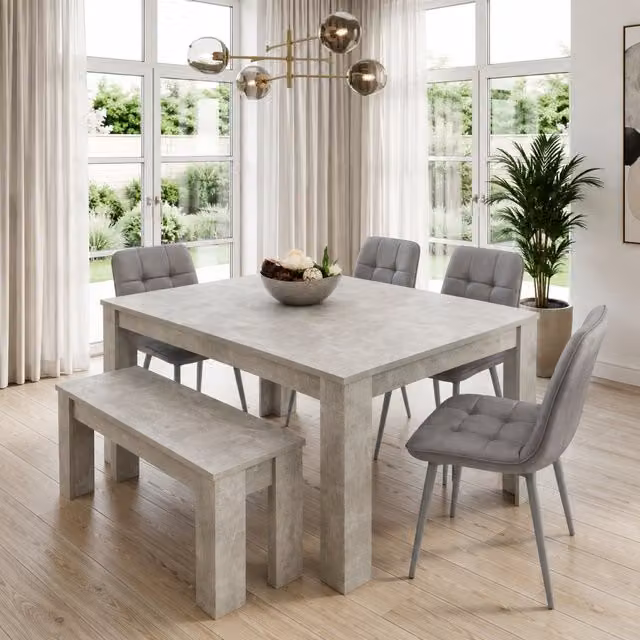 Kosy Koala Grey Dining Set with Square Table, Tufted Velvet Chairs and Bench