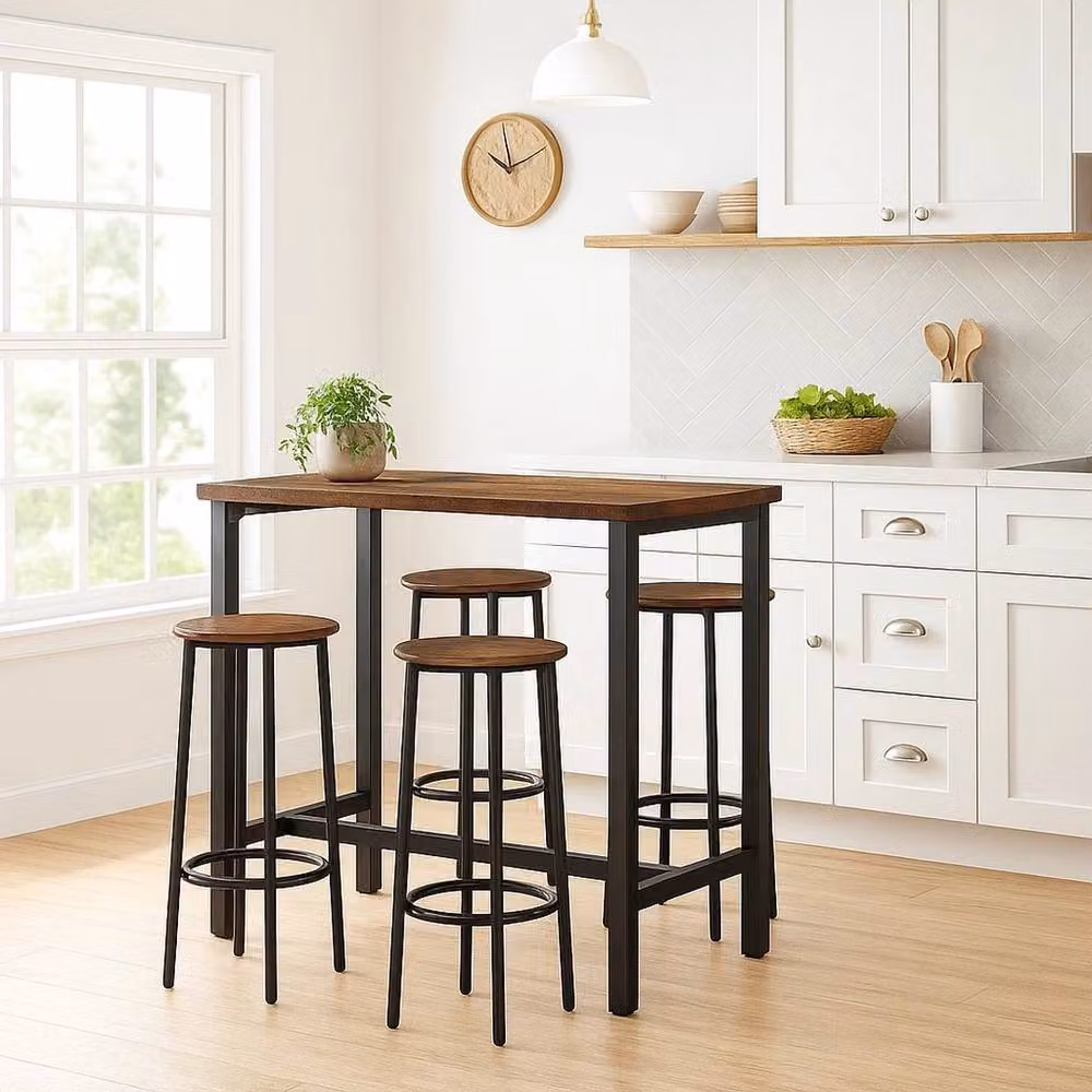 PAWNORA 5 Piece Industrial Bar Table and Stools Set in Rustic Brown – 4