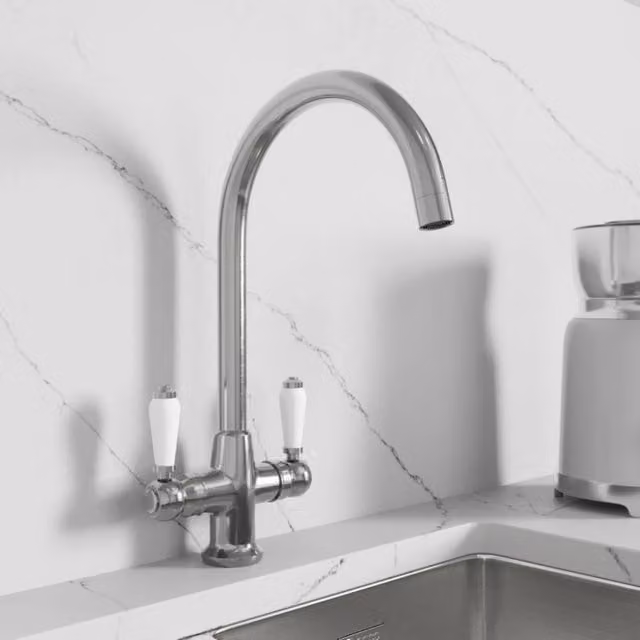 Moritza Two Handle Brass Kitchen Mixer Tap with Swivel Spout in Silver