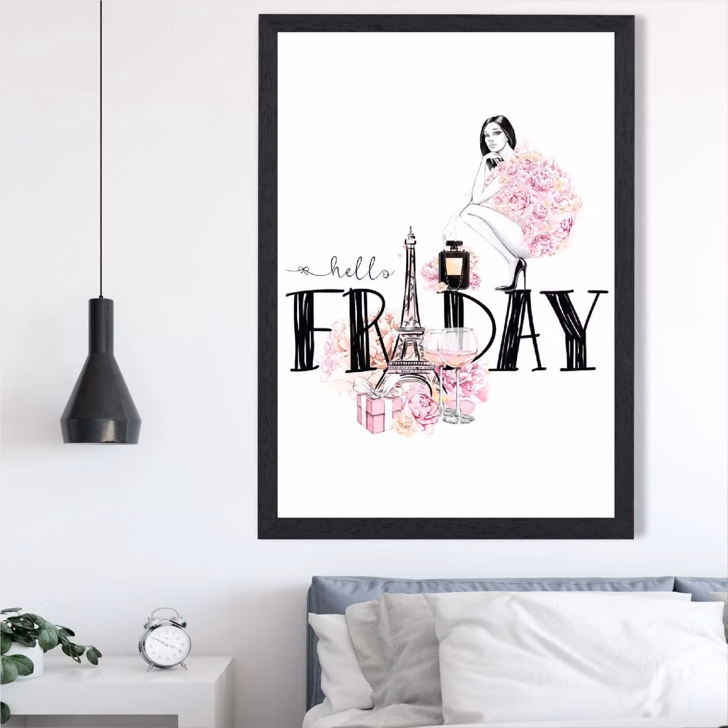 ARTZE Hello Friday Fashion Illustration Quote Framed Print in Pink with Black Frame, A2 – 2