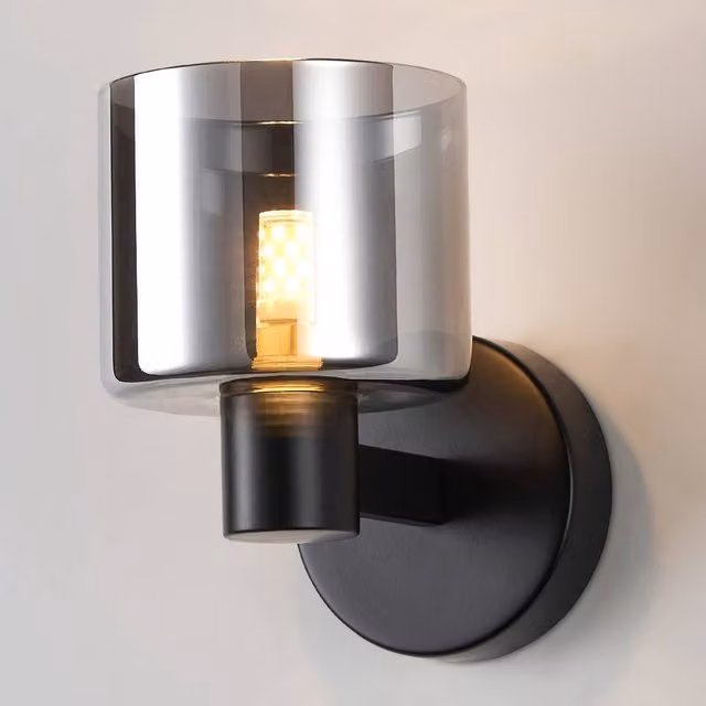 Harper Living Modern LED Wall Light in Matt Black with Smoked Grey Glass Shade