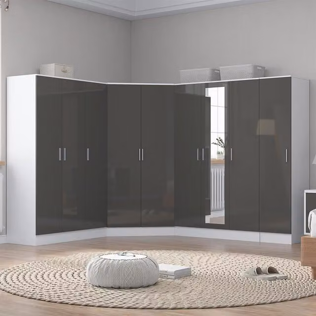 REFLECT Wardrobe Bundle in Grey Gloss and Matt White, including Corner, 3-Door Mirrored, 3-Door Plain and 1-Door Units