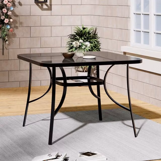 Livingandhome Black Tempered Glass Garden Table with Parasol Hole, W/D: 105 x 105 cm