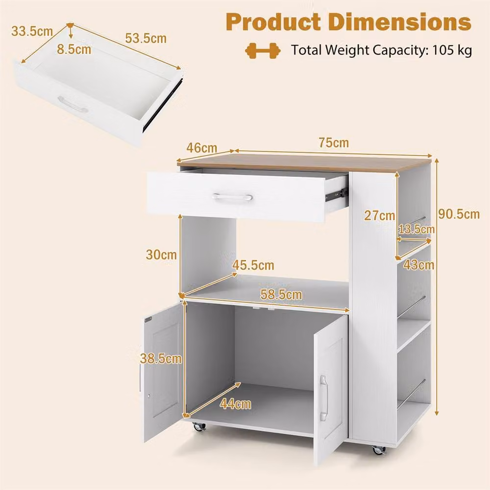 Kelvenix Rolling Kitchen Island with Large Drawer in Matt White – 2