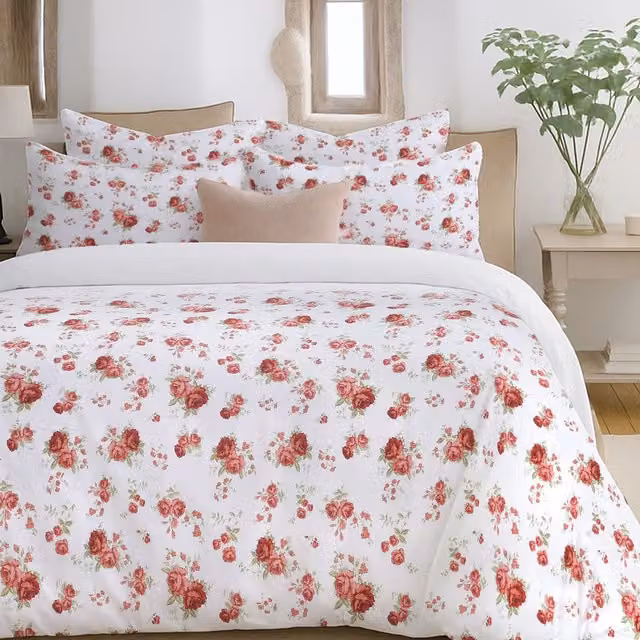 Florelle Red and White Floral Printed Summer Duvet Cover and Pillowcase Set, 230 cm