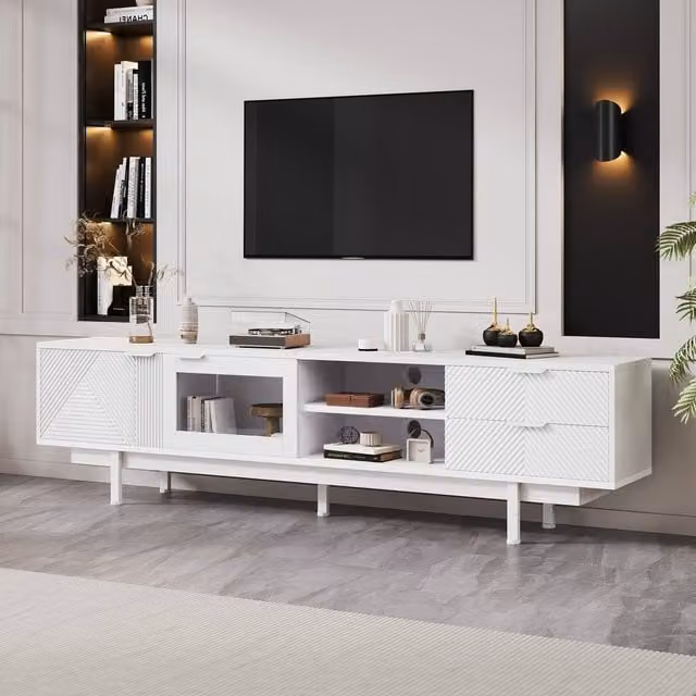 ModernLuxe TV Cabinet Stand in White with 2 Drawers, Doors and Open Shelf for up to 80 inch TVs, W/D/H: 200 x 40 x 50.5 cm