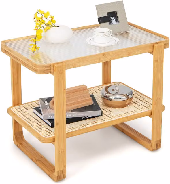 COSTWAY Scandinavian Style Brown Sofa End Table and Nightstand with Glass and Rattan Tiers