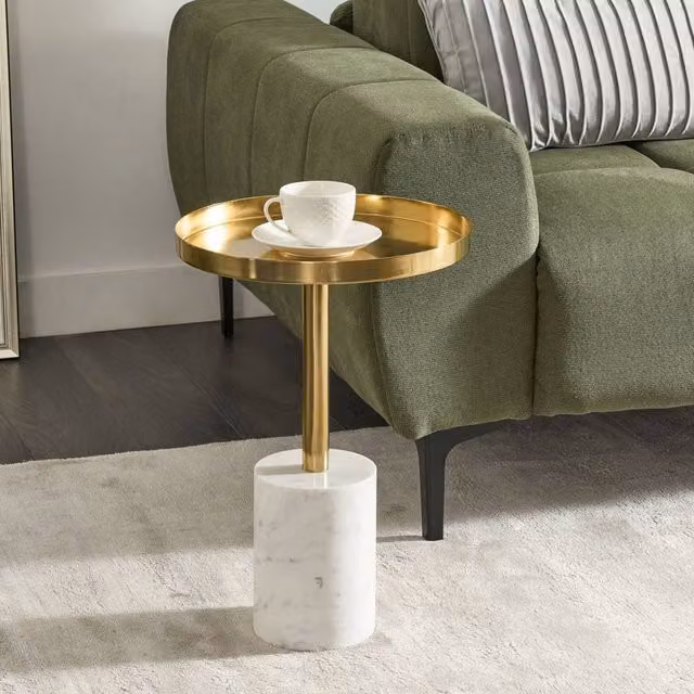 Wyld and Coco Round Side Table with Gold Metal Top and White Marble Base, Diameter: 36 cm