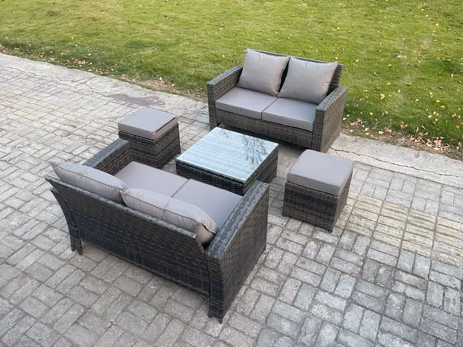 Fimous 5 Piece Grey Rattan Garden Furniture Set with 2 Double Seater Sofas, Coffee Table and 2 Ottomans – 2