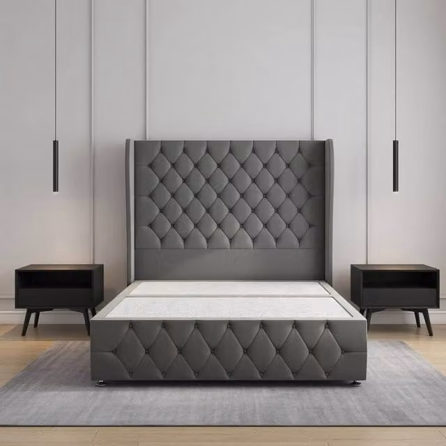 REGIONAL FURNISHINGS Grey Plush Velvet Super King Divan Bed with 54 inch Headboard and Footboard, W/D/H: 200 x 200 cm