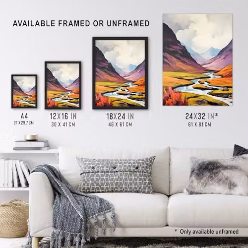 Artery8 Scotland Glencoe Valley Oil Painting Print, Unframed Multicolour Landscape Wall Art Poster, W: 30.5 cm, H: 41.0 cm – 3