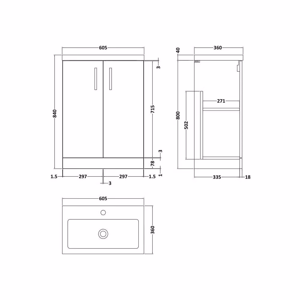 Balterley Bramshall Compact 2 Door Dark Blue Matt Vanity Basin Unit, W: 60 cm, H: 84 cm – 2