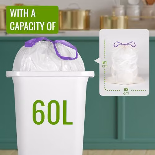 EcoBag Lavender Scented Kitchen Drawstring Bin Liners, 60L, White, Pack of 10 – 2