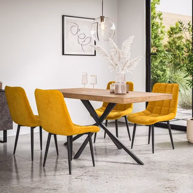 More4Homes Donni Dining Table and 6 Nova Velvet Chairs Set, Oak Effect and Black with Mustard Yellow Chairs, W/D/H: 160 x 80 x 76 cm – 1