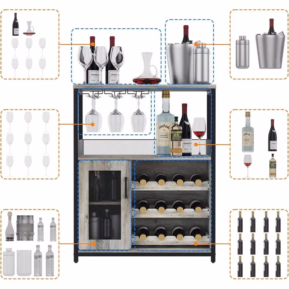 VOGREX Grey Industrial Wine Bar and Coffee Cabinet with Bottle Rack, Glass Holder and Glass Doors – 3