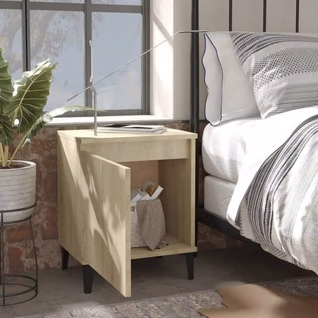Berkfield Home Set of 2 Sturdy Bedside Cabinets in Sonoma Oak and Light Tan with Metal Legs, W/D/H: 40 x 30 x 50 cm