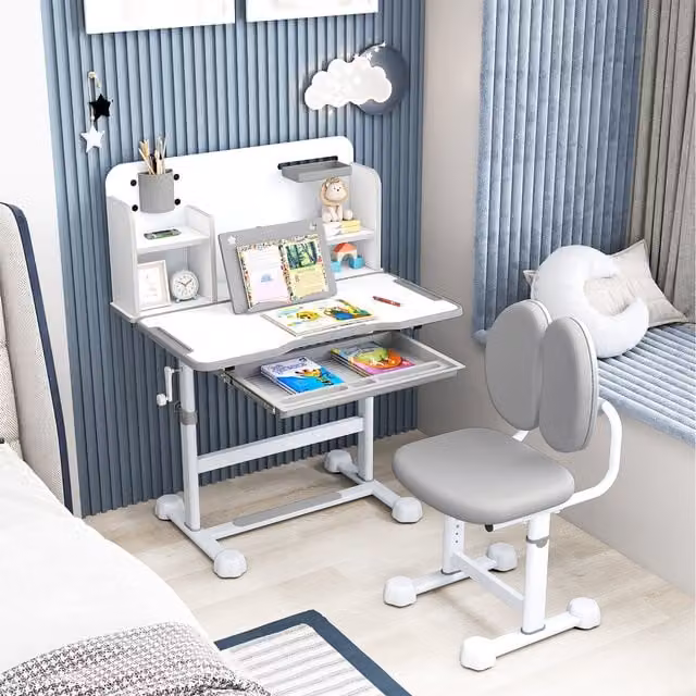 Costway Childrens Study Desk and Chair Set in Grey