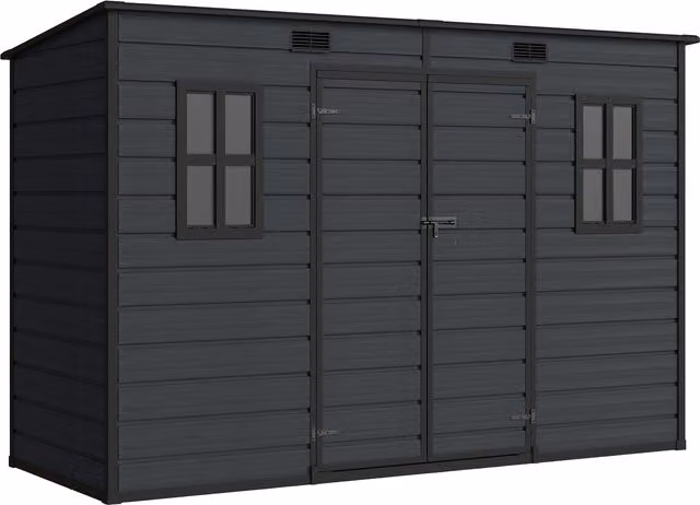 Outsunny Resin Garden Storage Shed with Floor, Windows, Lockable Double Doors and Vents, Dark Grey, W: 304.8 cm, D: 121.9 cm, H: 184.0 cm