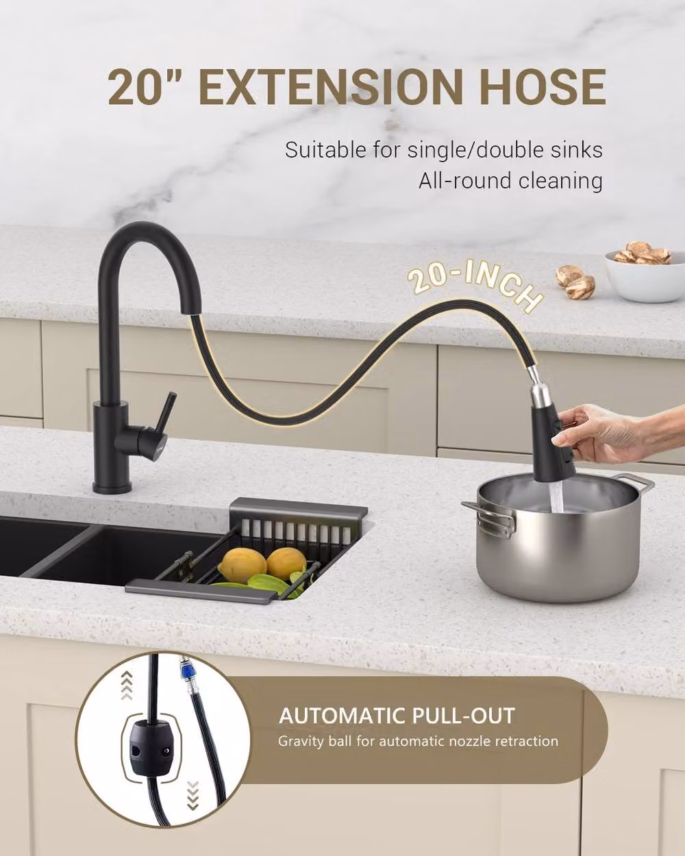 JANLEMNY Matte Black Stainless Steel Pull-Out Kitchen Mixer Tap with 3-Function Spray and Swivel Spout – 3