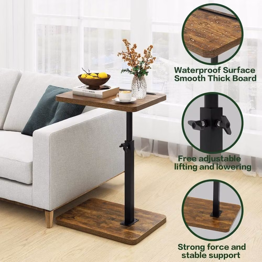 FORGEVIO C-Shaped Sofa Side Table in Brown with Adjustable Height and Rotating Top – 2