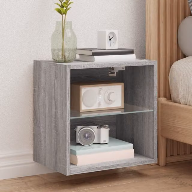 Berkfield Home Wall-mounted Bedside Cabinet with Integrated LED Lights in Grey Sonoma