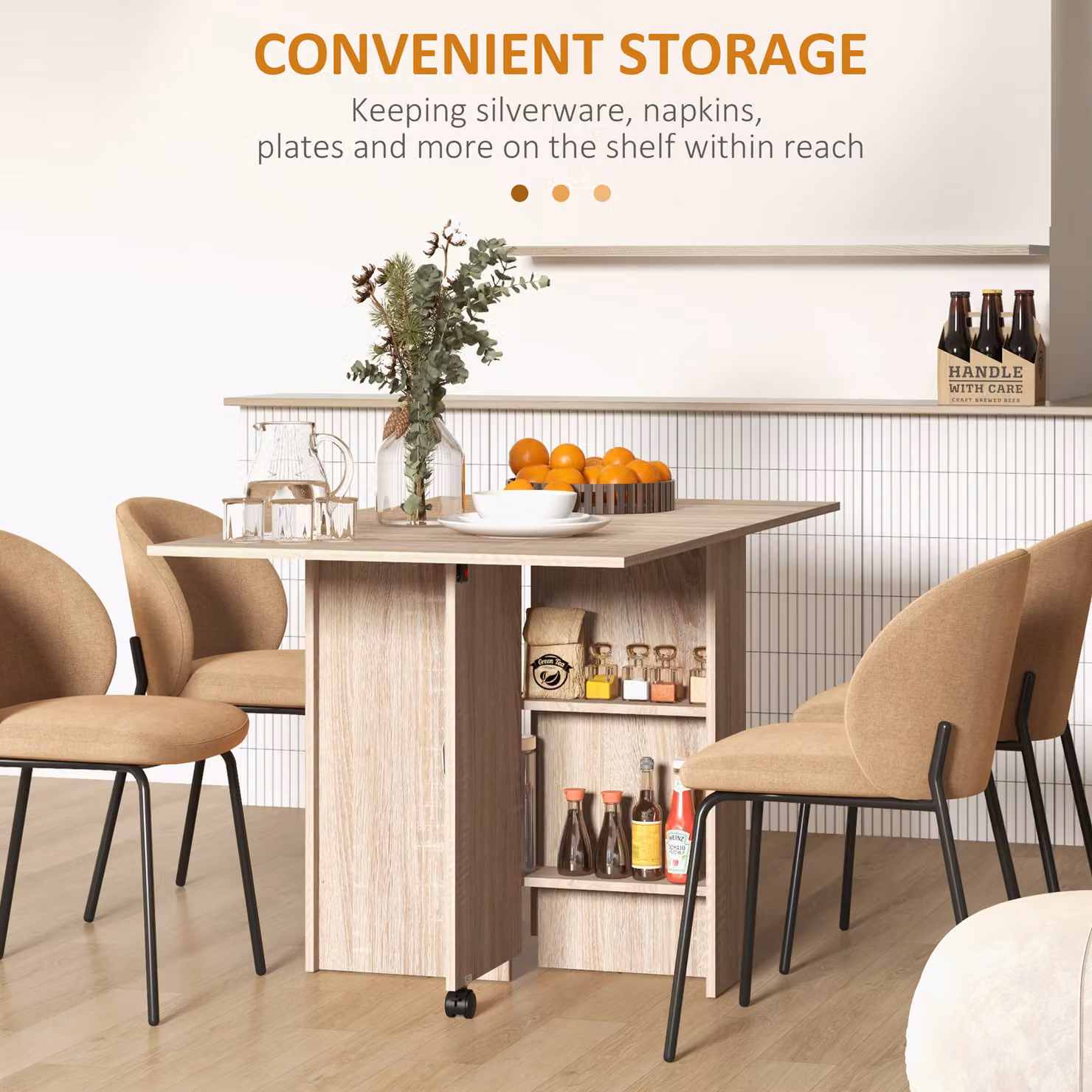 HOMCOM Natural Brown Drop Leaf Folding Dining Table with Castors for Kitchen and Dining Room, W/D/H: 60 x 75 x 75 cm – 5