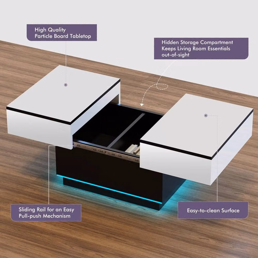 FORGEVIO Modern White Glossy LED Coffee Table with Extendable Lift Mechanism and Storage – 4