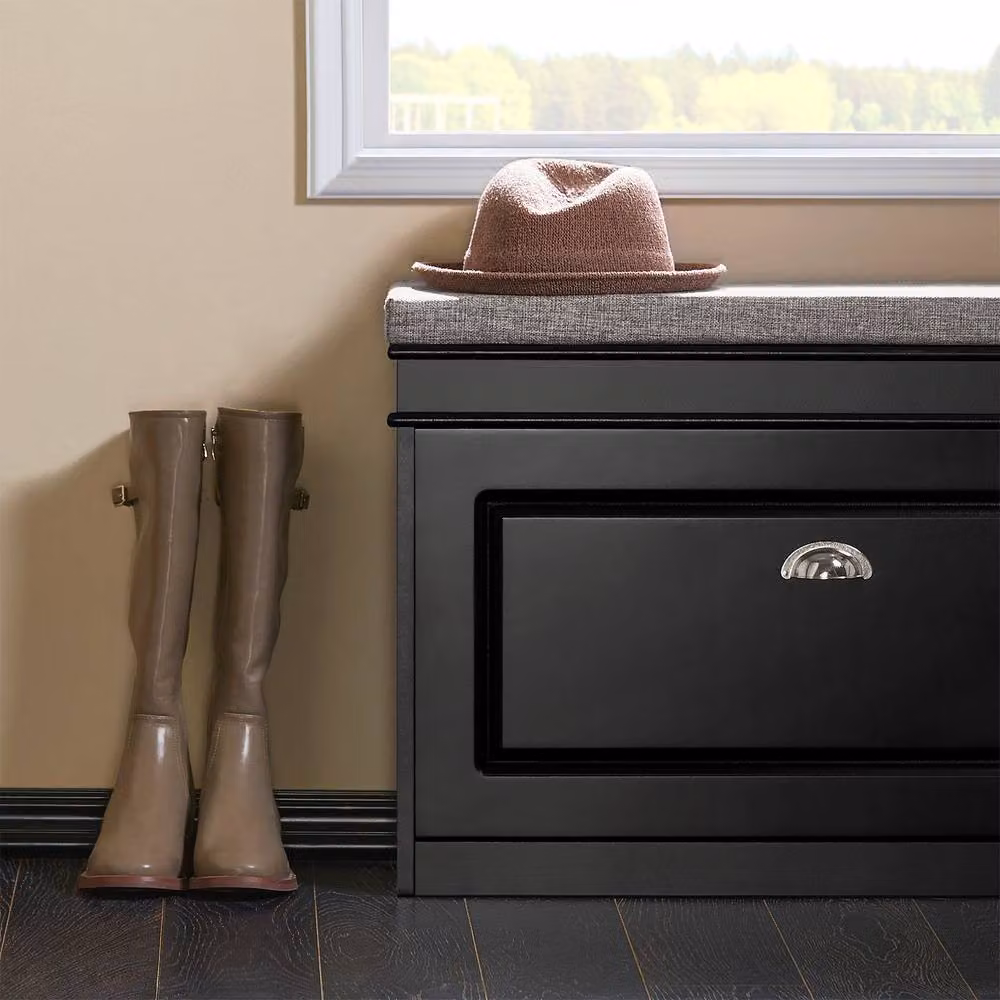 SoBuy Slim Black Rustic Entrance Bench with Shoe Rack and Upholstered Fabric Seat – 3