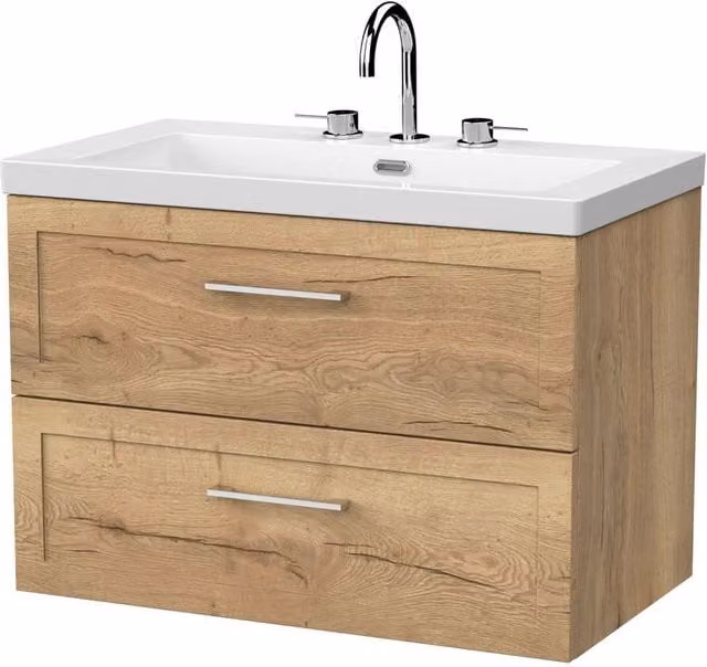 Balterley Stonnall 2 Drawer Wall Mounted Vanity Unit and 3TH Fireclay Basin in Autumn Oak Brown, Width: 80 cm