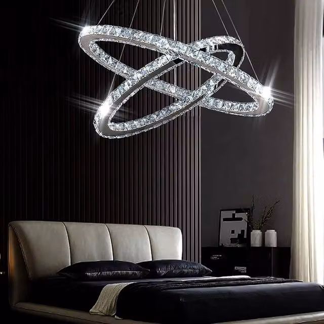FLAVORA Modern Dual Ring Crystal LED Pendant Chandelier in Silver