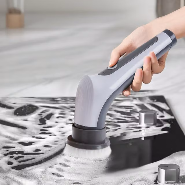 Komore Retractable Electric Cleaning Brush with 6 Replaceable Heads in White