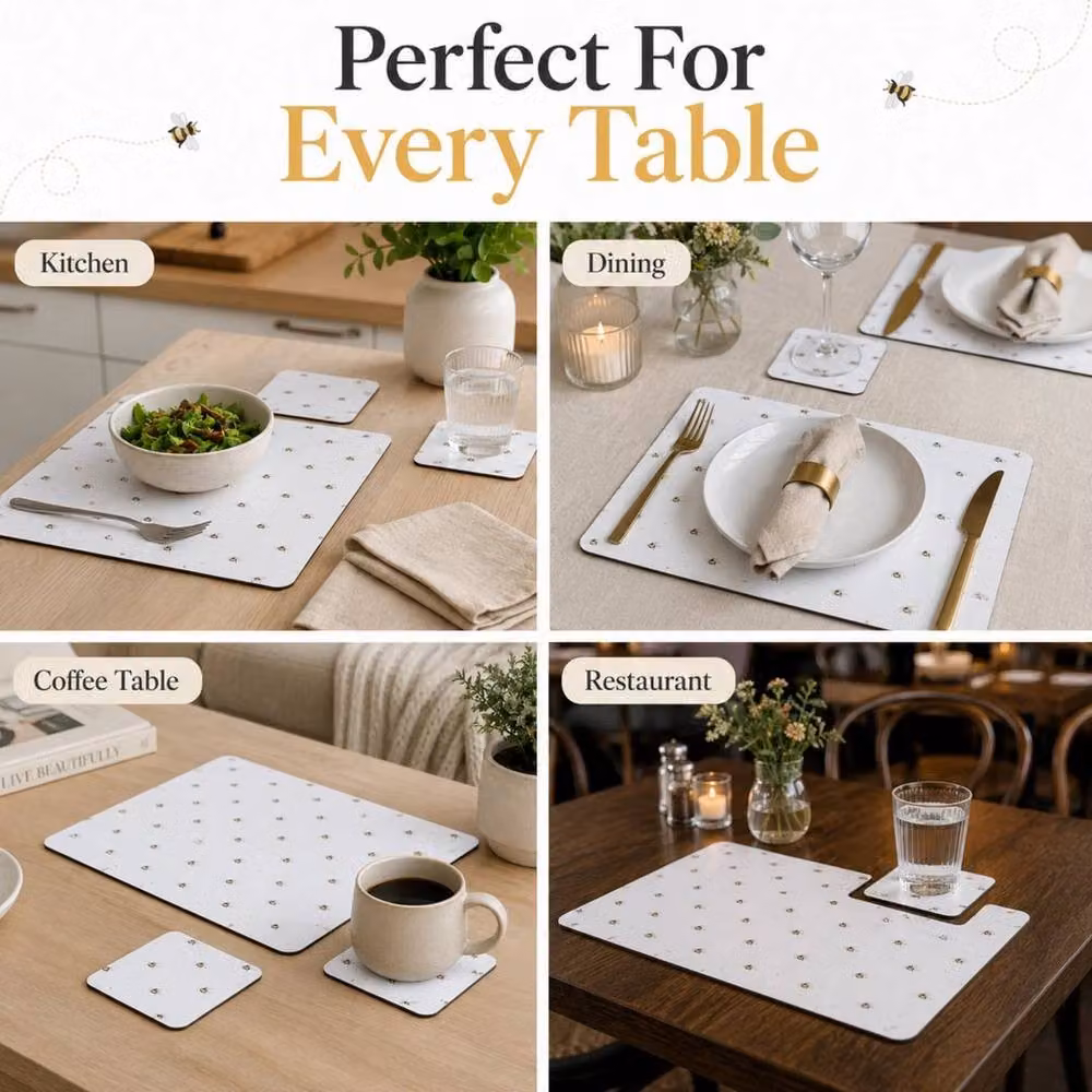 PAWNORA Set of 8 White Bumble Bee Graphic Cork Placemats and Coasters – 3