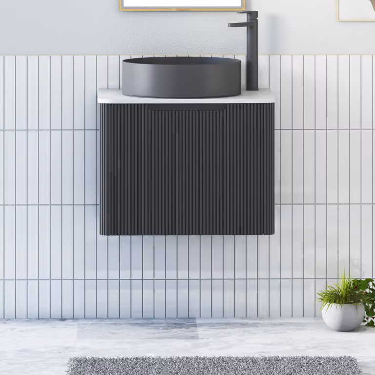 Royal Bathrooms Avenza Wall Hung Vanity Unit with 1 Drawer and Art Round Black Basin, Matt Obsidian Black and Plain White Worktop, Width: 60 cm