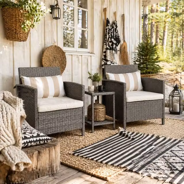 Wyld Haus Reha 3 Piece Grey Rattan Bistro Set with 2 Tier Glass Table and Light Grey Striped Cushions