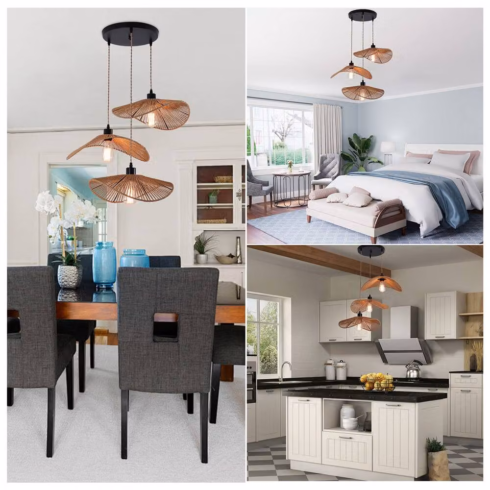 NIVOR 3-Light Rattan Farmhouse Cluster Pendant Light, Brown Boho Style Suspended Ceiling Chandelier – 6