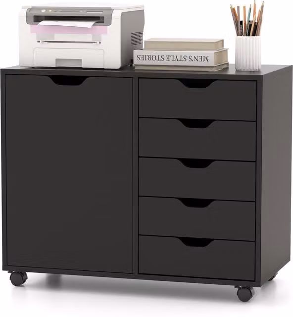 Costway 5-Drawer Mobile Side Cabinet in Black