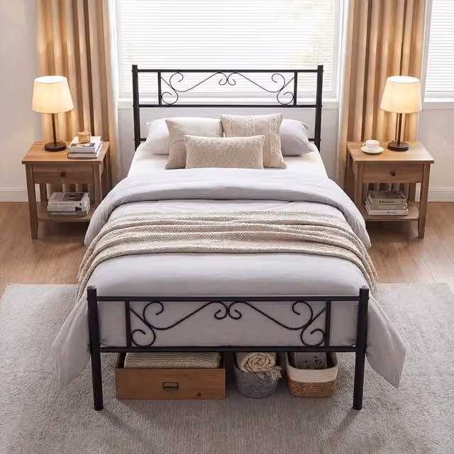 Gymax Single Size Floral Metal Platform Bed Frame with Slats, Black, W/D/H: 90 x 190 x 220 cm – 1