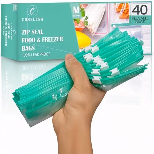 Tanness 40 Pack Airtight Reusable Freezer Bags, 2.27 l, Green and Transparent