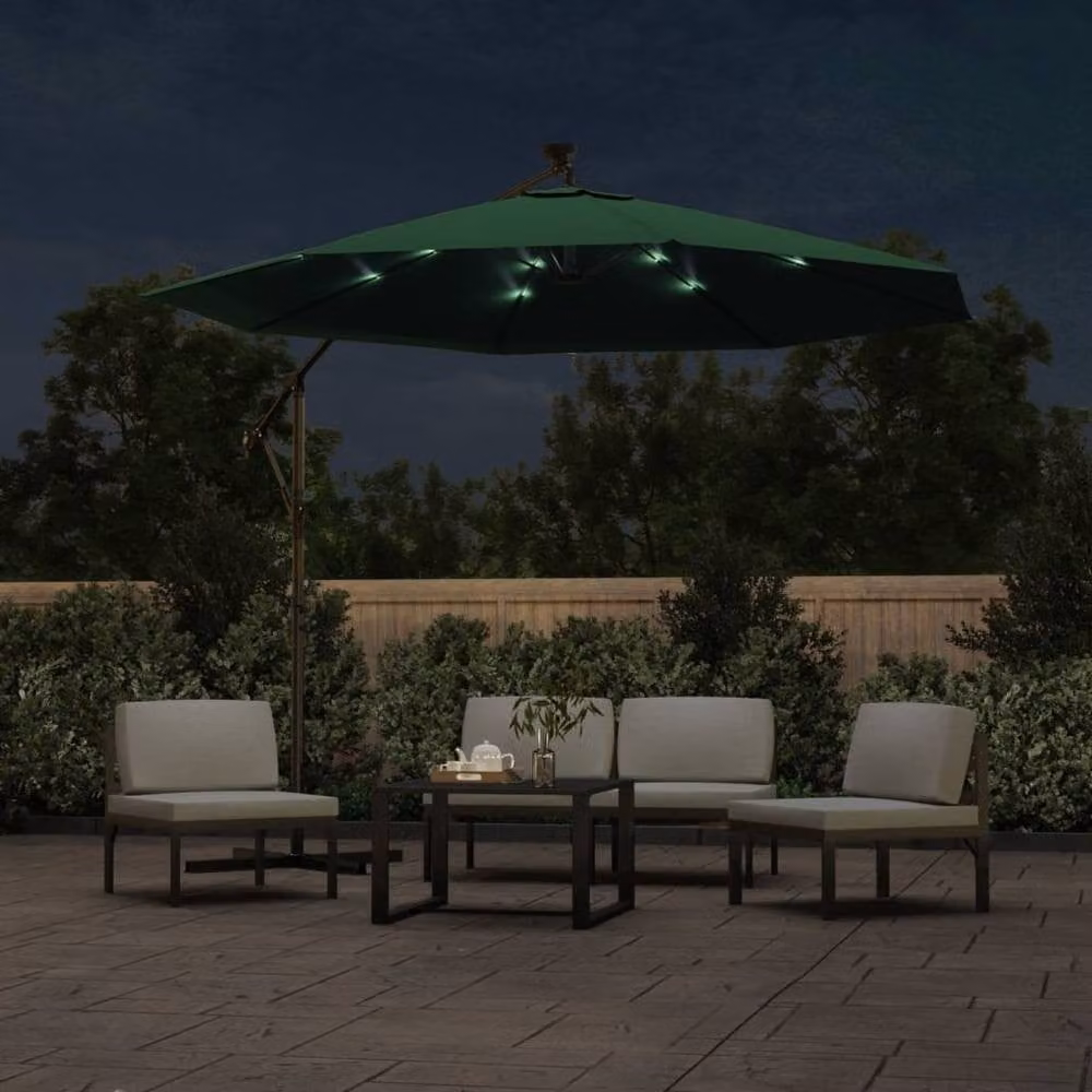 Berkfield Home Green Cantilever Hanging Parasol with LED Lighting and Metal Pole, Diameter: 300 cm – 3