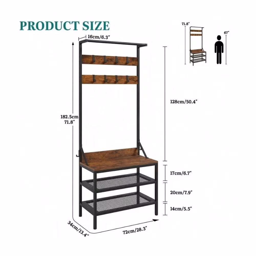 VOGREX Brown Industrial Hall Tree with Shoe Bench and 9 Hooks – 2