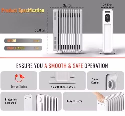 PureMate 2300W White Oil Filled Radiator with Remote Control – 7