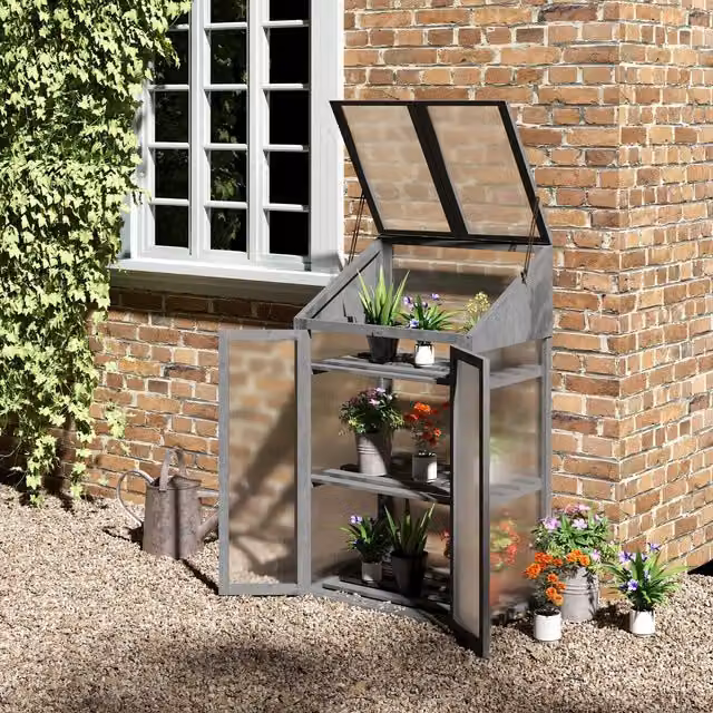 Outsunny Grey Wooden Greenhouse Cold Frame with Polycarbonate and Shelving