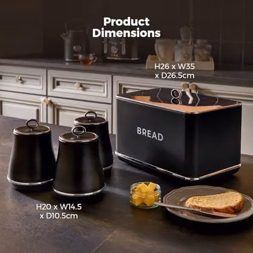 Tower Renaissance Black Bread Bin with 16L Capacity and Set of 3 Airtight Metal Storage Canisters – 5