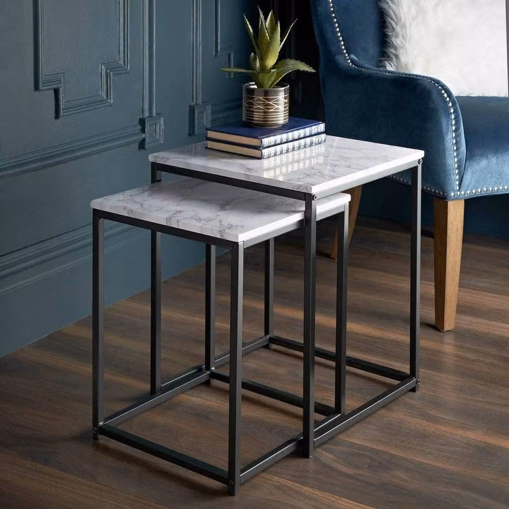 PAWNORA Square Nest of 2 Tables with Grey Marble Effect Composite Tops and Metal Legs – 2
