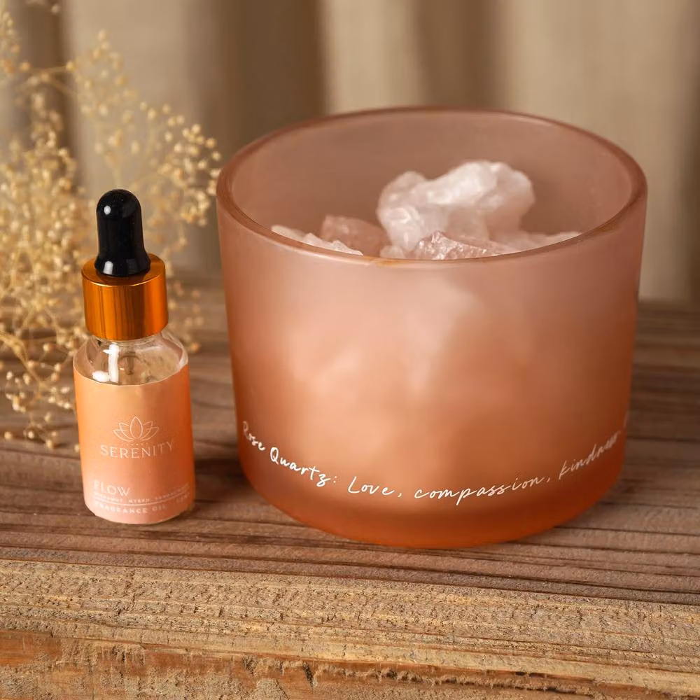 Serenity Rose Quartz Crystal Tabletop Bowl Diffuser with Fresh Woody Oil in Pink – 2