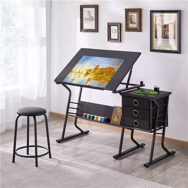EONLION Black Artist Drafting Table and Writing Desk with Tilting Top and Sled Base