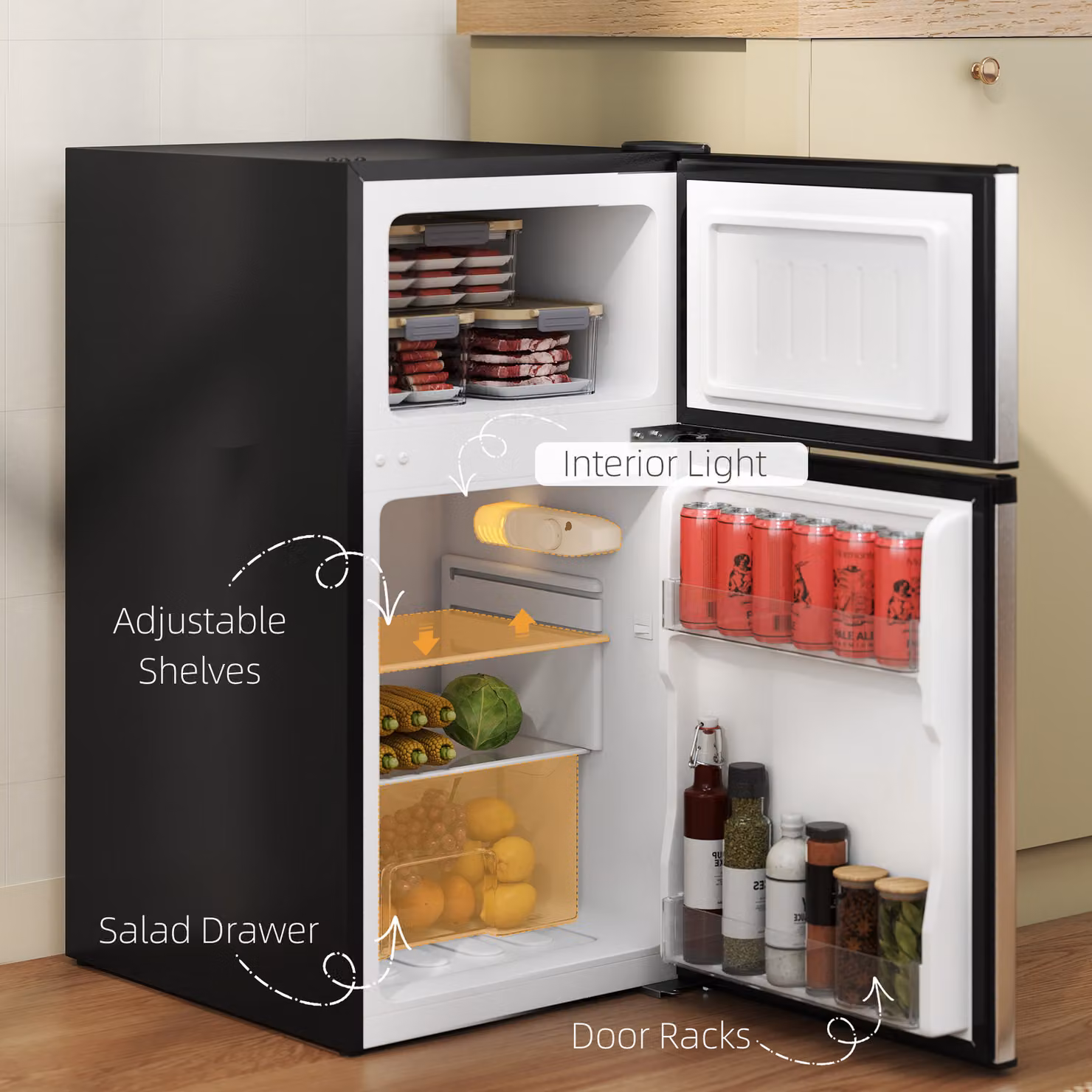 HOMCOM 88L Under Counter Fridge Freezer in Black and Silver Tone with Reversible Door and Stainless Steel Finish – 5